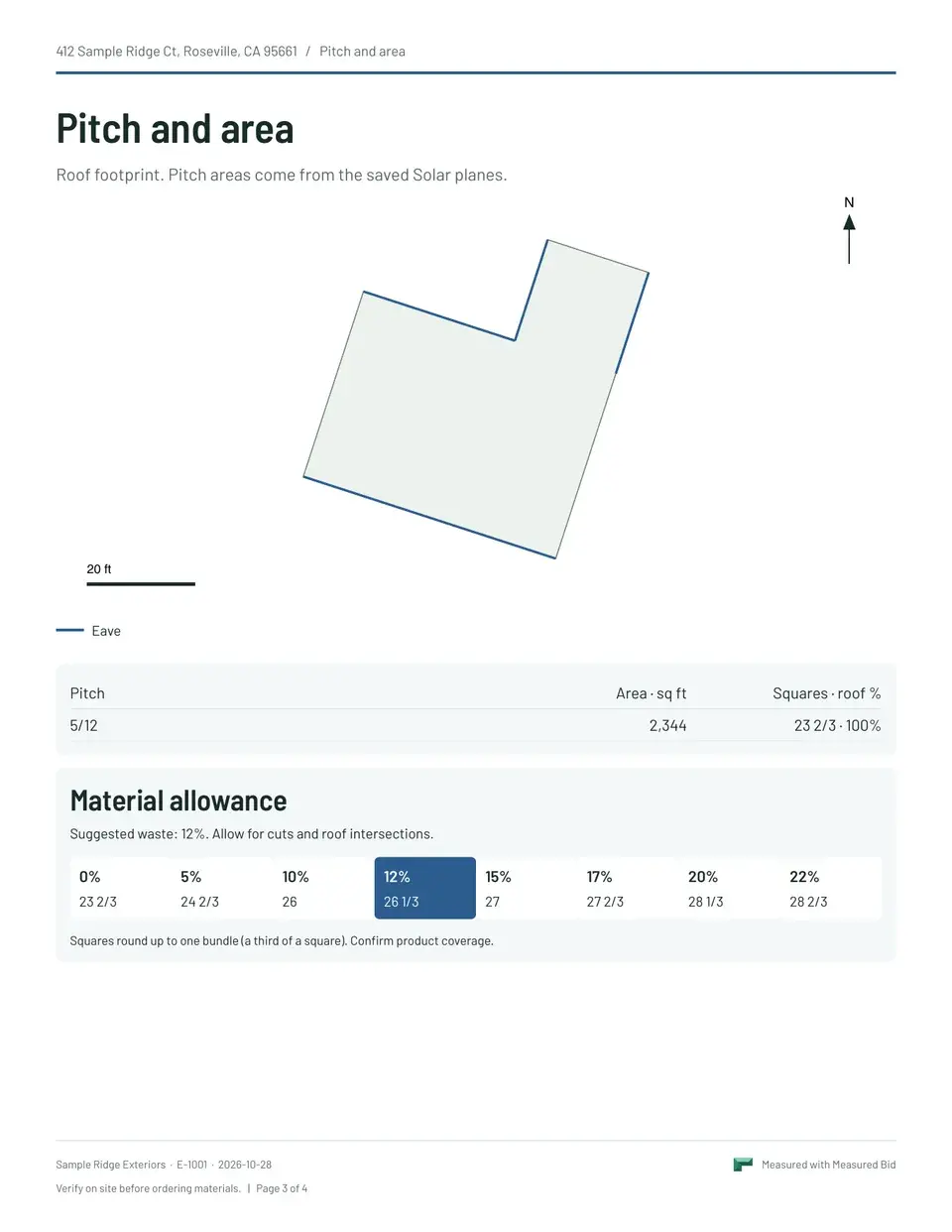 Report page "Pitch and area": 2,344 sq ft at 5/12 pitch, 23 2/3 squares, and a material allowance table from 0% to 22% waste.
