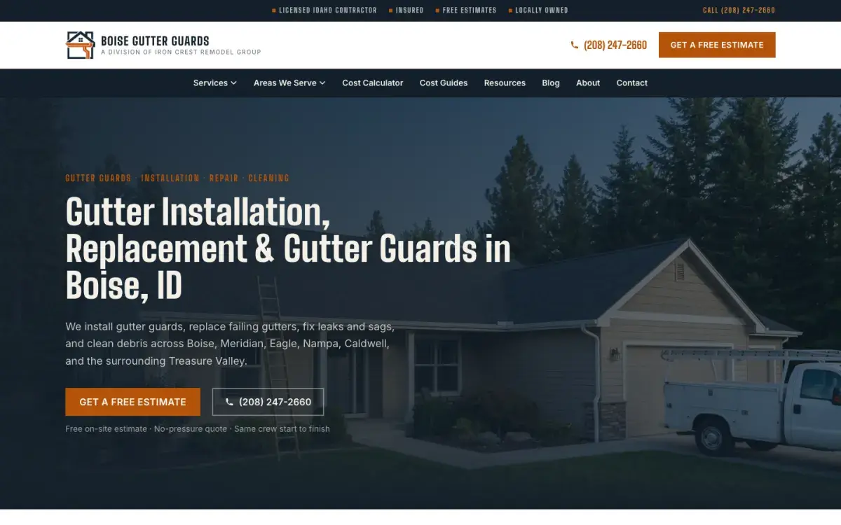 Boise Gutter Guards home page with a service truck and an estimate button.