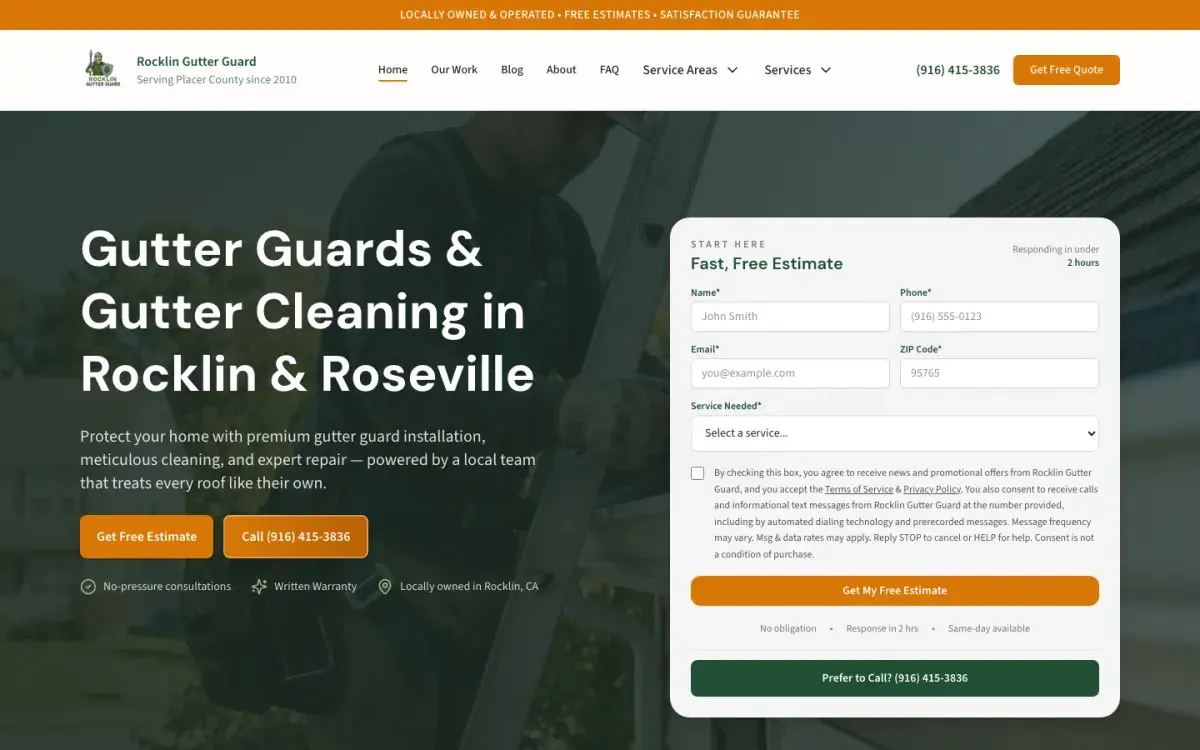 Rocklin Gutter Guard home page with a free estimate form next to the headline.