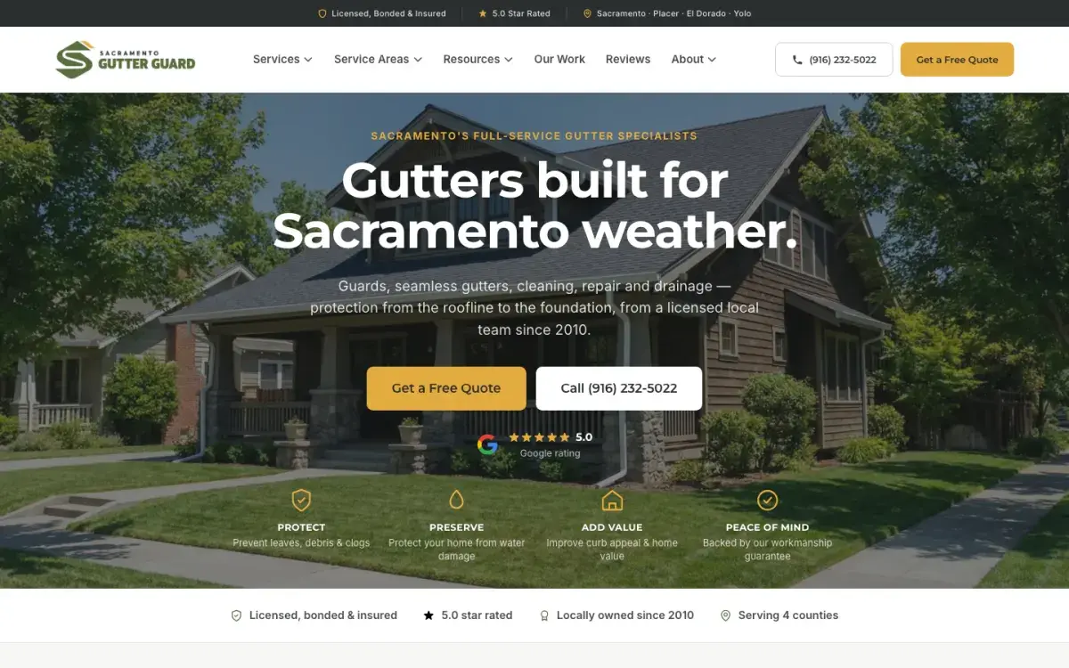 Sacramento Gutter Guard home page with a craftsman house, a quote button and a 5.0 Google rating.