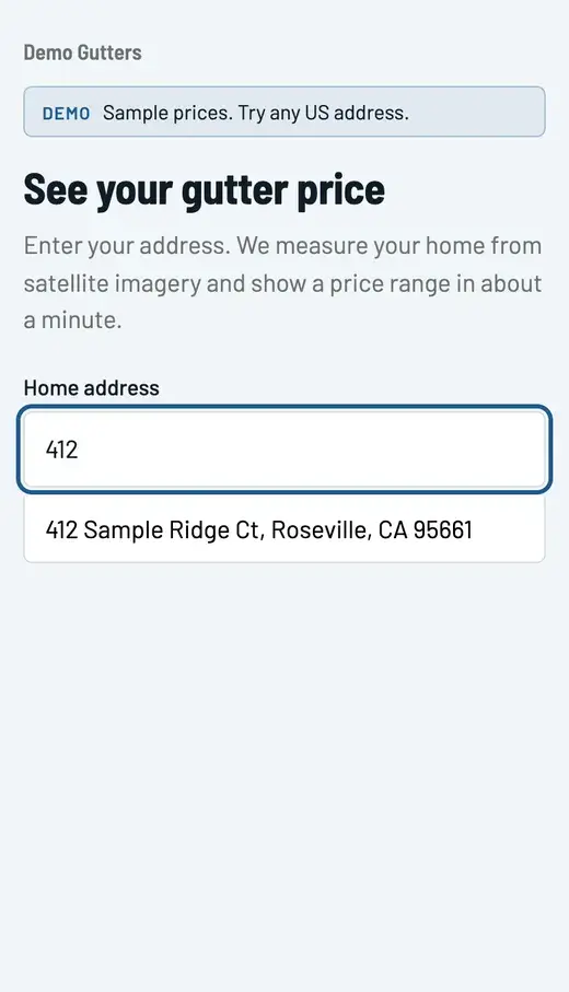 The widget's first screen on a phone: See your gutter price, with 412 typed in the home address field and one suggestion, 412 Sample Ridge Ct, Roseville, CA.