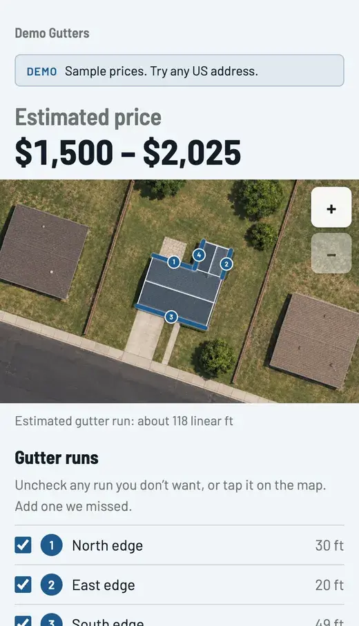 The result screen: Estimated price $1,500 to $2,025, the aerial image with 4 numbered gutter runs drawn on the roof, about 118 linear feet, and the list of runs: run 1, 30 feet; run 2, 20 feet; run 3, 49 feet; run 4, 20 feet.