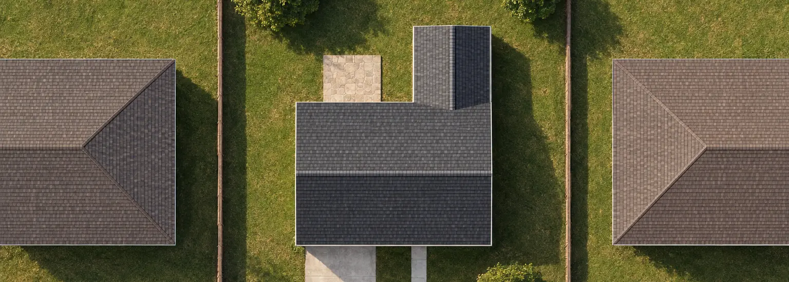 Top-down photo of a sample house with its roof outlined and its four gutter runs measured