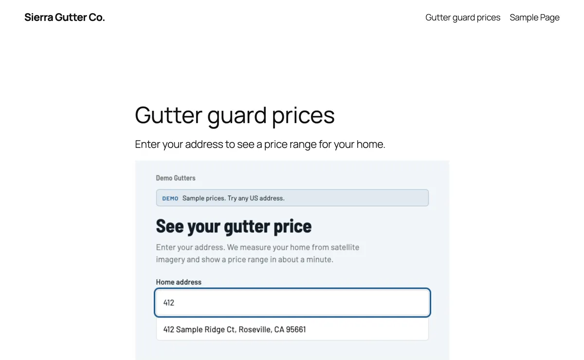 A WordPress page titled Gutter guard prices, built with the default theme, with the Measured Bid gutter widget below the title. 412 is typed in the address field and one suggestion shows.
