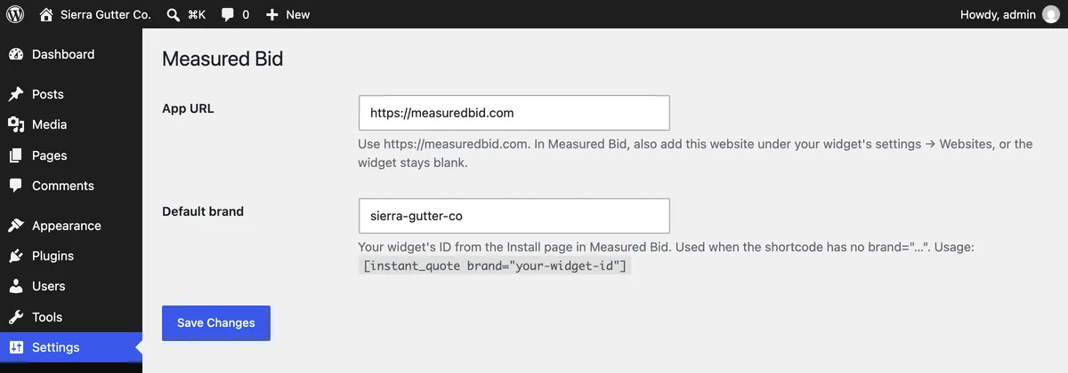 The Measured Bid settings screen in WordPress, with the App URL set to https://measuredbid.com and a default brand filled in.
