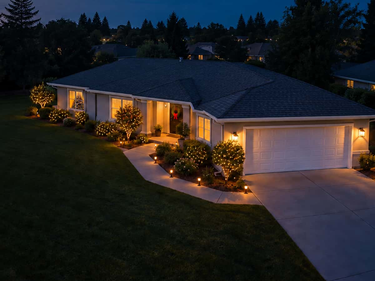 A home at dusk decorated for Christmas, with colored lights along the front roofline.