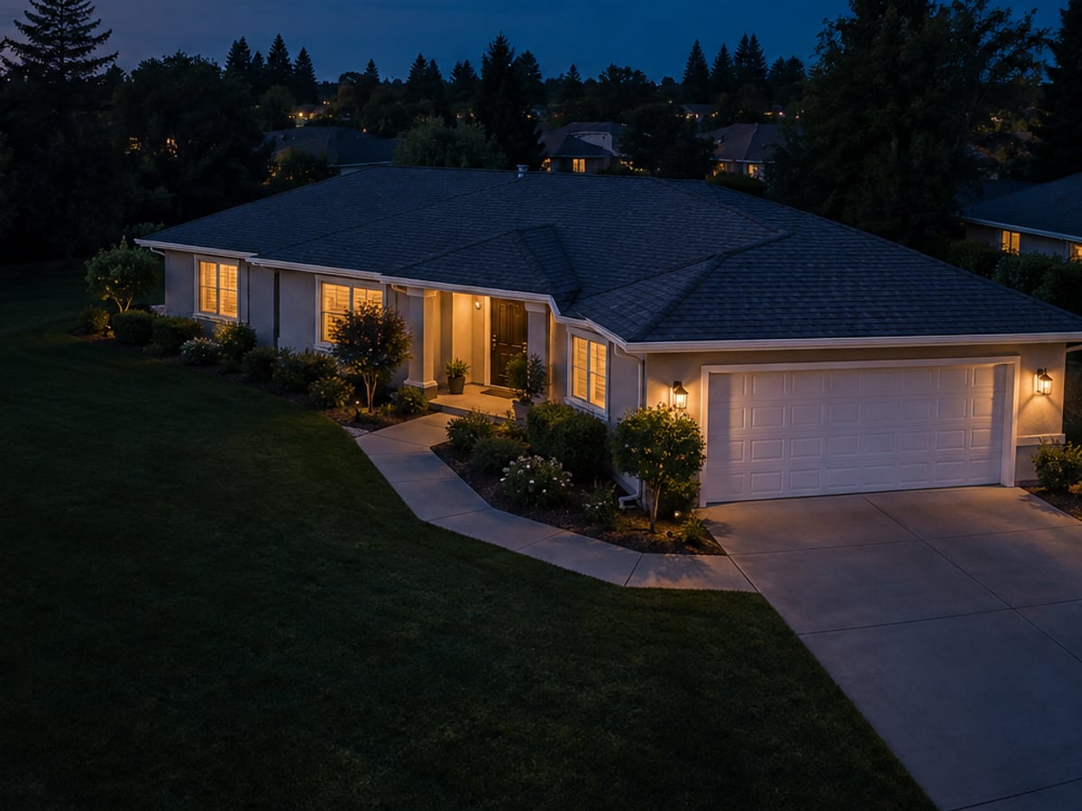 A single-story home at dusk with permanent lights along the front roofline.