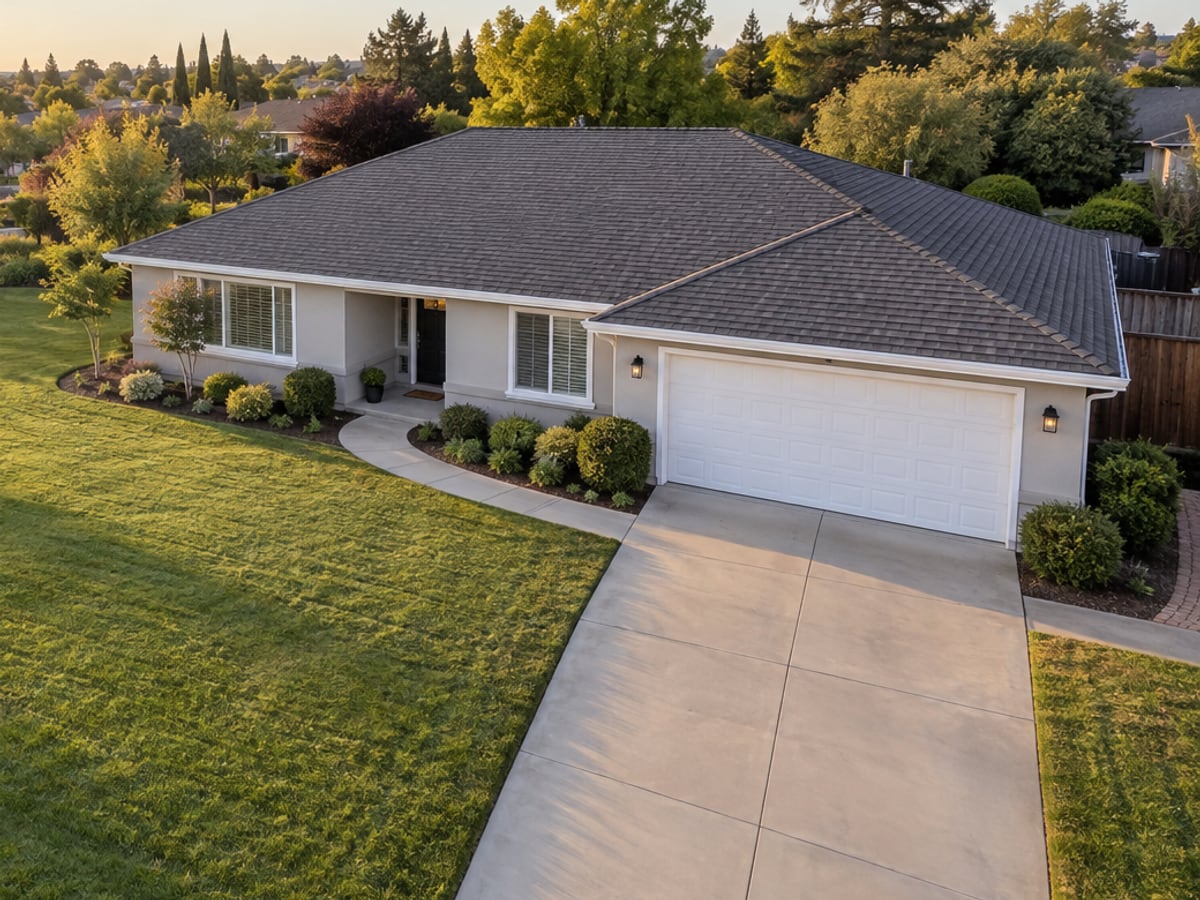 A single-story home with the front and garage walls shaded to show the paintable area, windows and doors left out.