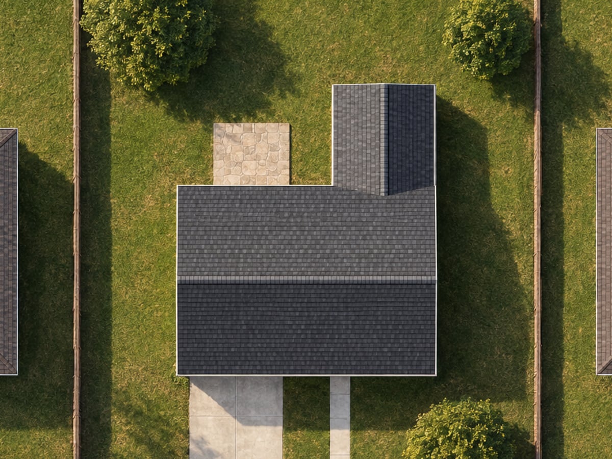 Top-down view of a sample roof with each roof plane outlined and labeled with its pitch and area.