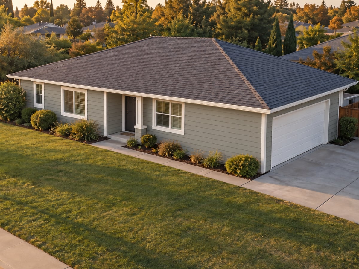 A home with lap siding, the front wall and the right side wall shaded in two colors.