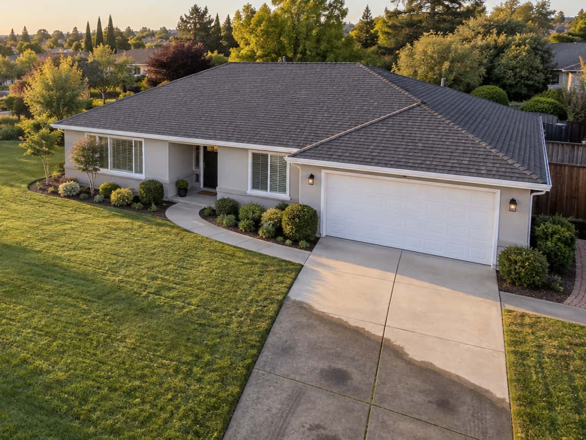 A home with its walls and gutter runs marked for a cleaning estimate, its driveway half pressure washed.