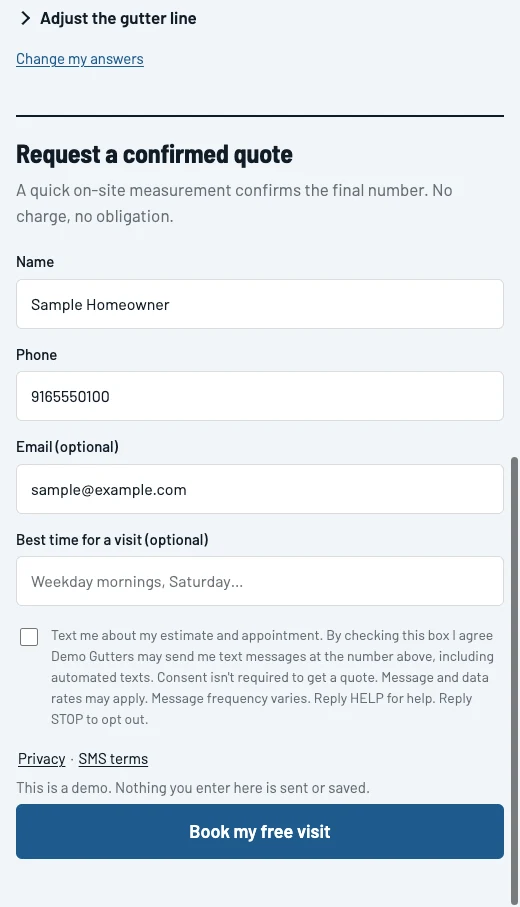 The request form: Request a confirmed quote, with fictional sample name, phone and email, an unchecked text consent box, a demo notice and the button Book my free visit.