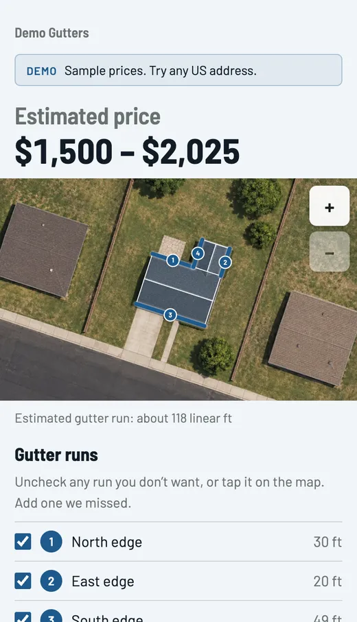 The result screen: Estimated price $1,500 to $2,025, the aerial image with 4 numbered gutter runs drawn on the roof, about 118 linear feet, and the list of runs: run 1, 30 feet; run 2, 20 feet; run 3, 49 feet; run 4, 20 feet.